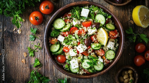 Colorful Mediterranean Salad in Wooden Bowl Overhead Shot