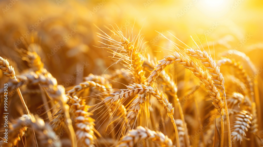 Close-up of golden wheat field with sun shine at the end. Beautiful nature background. Autumn harvest season. Agriculture and farming concept
Close-up of golden wheat field with sun shine at the end. Beautiful nature background. Autumn harvest season. Agriculture and farming concept