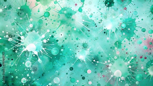 Colorful abstract paint splatters and bubbles in teal tones on a textured background with copy space