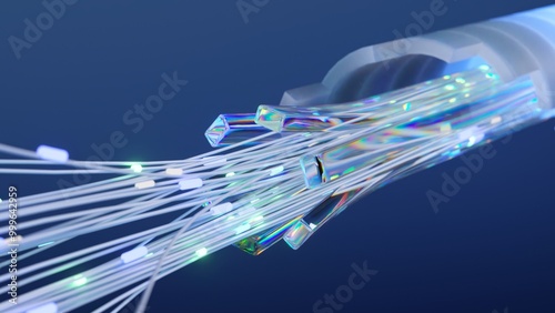 Numerous glowing fiber optic wires transmitting data through glass tubes. The 3d render is perfect for technology and communication concepts