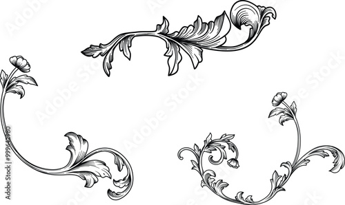 Set of Retro Baroque Victorian Damask patterns decorations element with swirl, scroll, filigree, flourishes calligraphic ornament. Rococo Oriental hand drawn vector.
