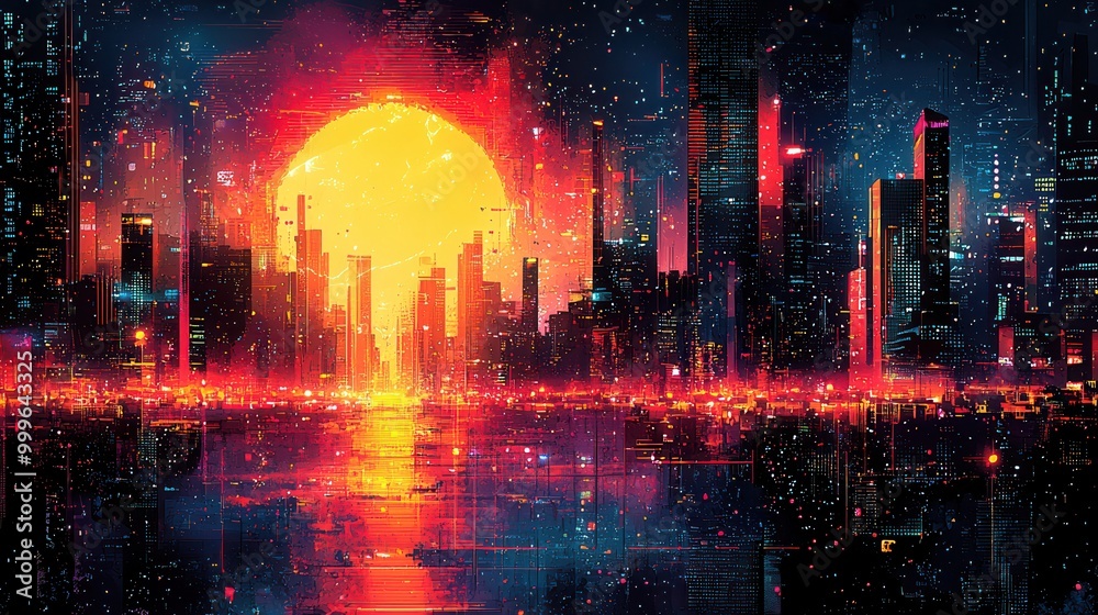 Obraz premium Vibrant Sunset Over Futuristic City Skyline