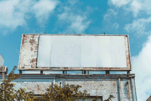 A vintage-style building with a large billboard on the rooftop, suitable for use in nostalgic or retro-themed designs photo