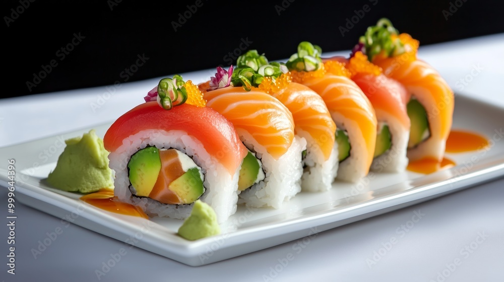 A carefully arranged plate of sushi rolls with vibrant slices of fish, avocado, and ginger garnish, set against a clean white tablecloth. A carefully arranged plate of sushi rolls with vibrant slices of fish, avocado, and ginger garnish, set against a clean white tablecloth.