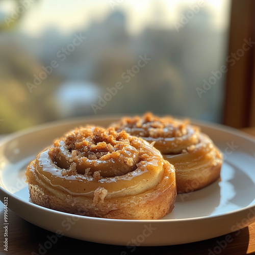 Two sinabon buns with caramel glaze on a plate on a blurred window background photo