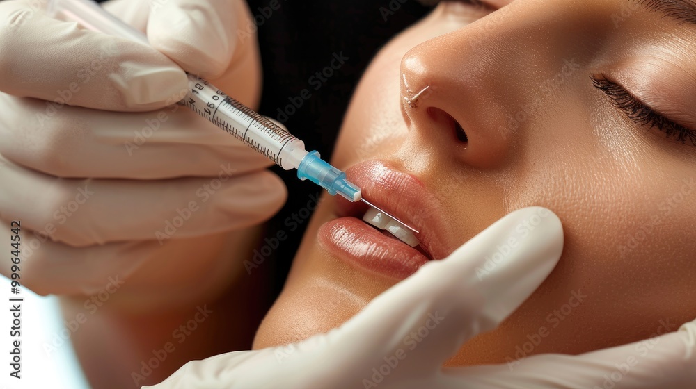 A beautiful model with flawless skin receiving lip filler injections from a doctor A beautiful model with flawless skin receiving lip filler injections from a doctor