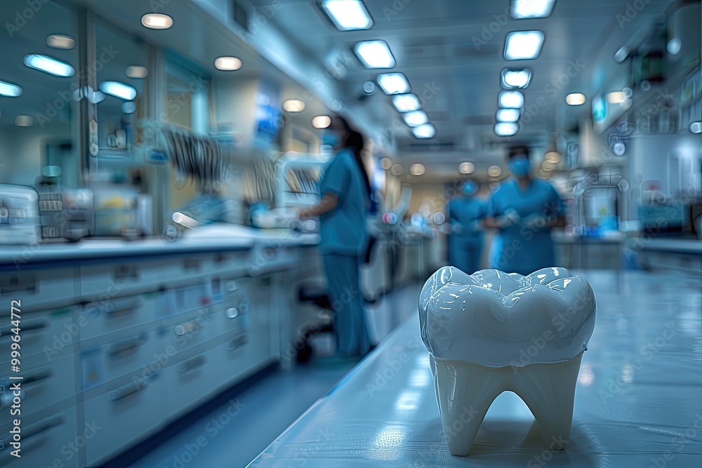 A close-up of a mockup tooth and dental tools on a trolley A close-up of a mockup tooth and dental tools on a trolley
