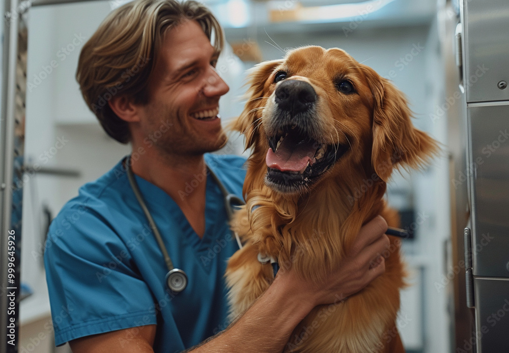 A happy male vet in uniform cuddles and plays with a golden retriever in the clinic after treatment, showcasing their bond in a warm, joyful moment. A happy male vet in uniform cuddles and plays with a golden retriever in the clinic after treatment, showcasing their bond in a warm, joyful moment.