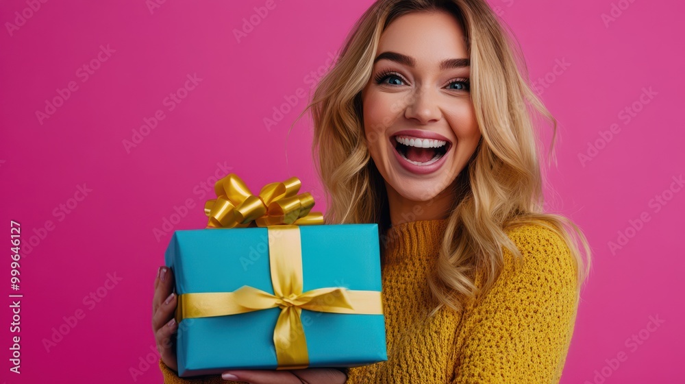 A cheerful woman holding a gift box, smiling against a pink background. A cheerful woman holding a gift box, smiling against a pink background.