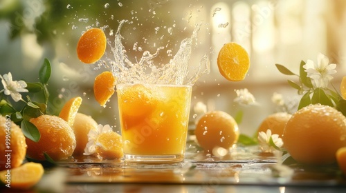 A refreshing splash of orange juice surrounded by fresh oranges and blossoms.