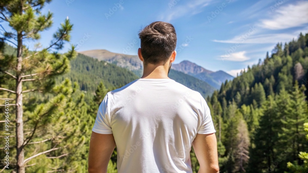 mock up of a man wearing a plain white t-shirt from behind, with a mountain forest background with dense green trees, mock up of a man wearing a plain white t-shirt from behind, with a mountain forest background with dense green trees,