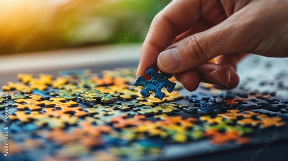 A hand placing a puzzle piece among colorful jigsaw pieces on a table. A hand placing a puzzle piece among colorful jigsaw pieces on a table.