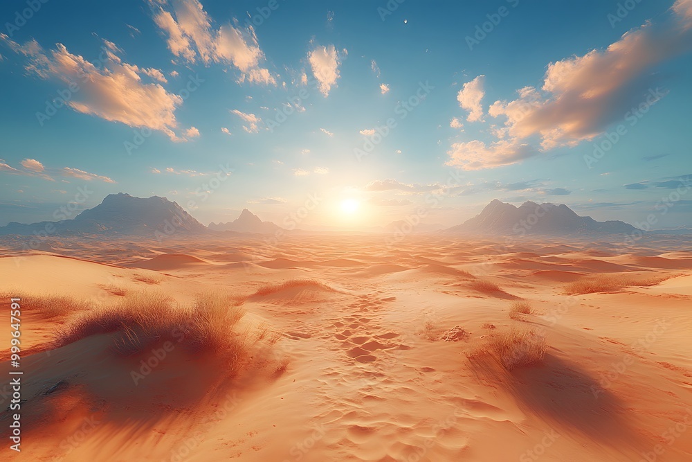 Naklejka premium Serene desert landscape with sand dunes, sparse vegetation and shadows with an open sky. Perfect for text inserts. Ideal for ads, posters or banners to create a sense of solitude and stillness.