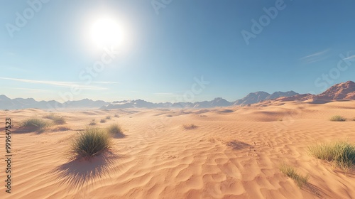 Serene desert landscape with sand dunes, sparse vegetation and shadows with an open sky. Perfect for text inserts. Ideal for ads, posters or banners to create a sense of solitude and stillness. photo