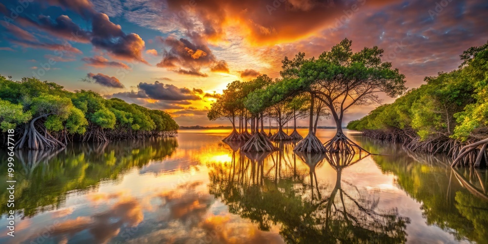 Obraz premium Lush Red Mangrove Forest at Sunset with Vibrant Roots and Reflections in Calm Water Landscape Scene