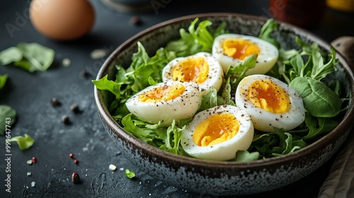 Boiled eggs with salad leaves in a pan, set against a dark background.