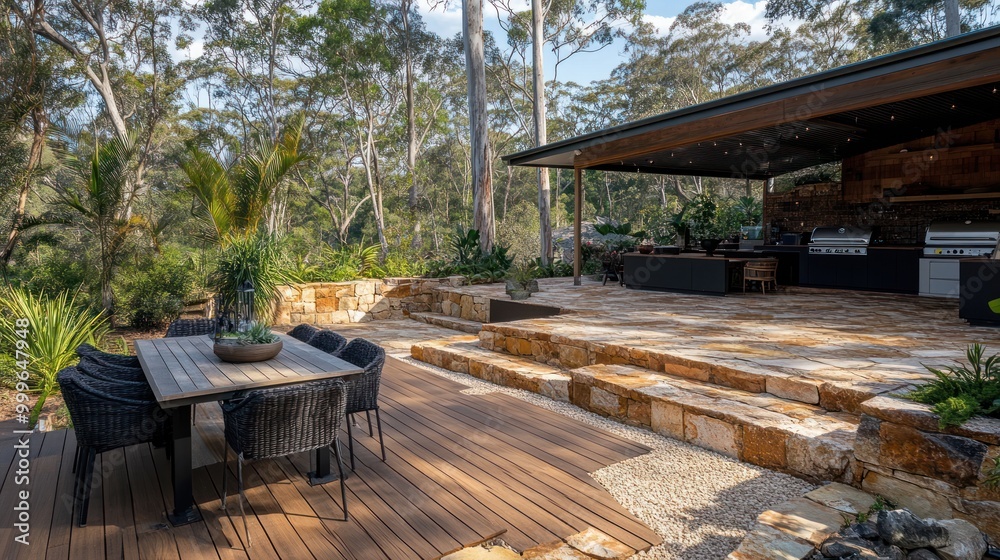 A serene outdoor dining area surrounded by lush greenery and modern amenities. A serene outdoor dining area surrounded by lush greenery and modern amenities.