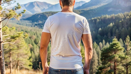 mock up of a man wearing a plain white t-shirt from behind, with a mountain forest background with dense green trees, photo