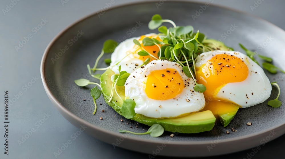 A close-up of a clean, minimalist plate with sliced avocado, poached eggs, and microgreens arranged artfully for a simple breakfast. 1b3f7f46fa98 A close-up of a clean, minimalist plate with sliced avocado, poached eggs, and microgreens arranged artfully for a simple breakfast. 1b3f7f46fa98