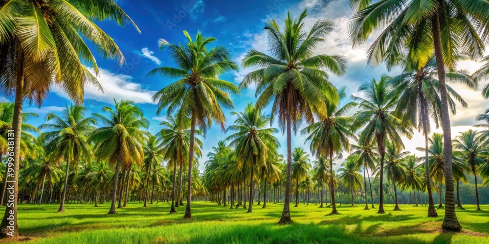 Lush coconut farm nestled under a brilliant blue sky, adorned with tall palm trees and surrounded by vibrant green vegetation, creating a tropical paradise ambiance. Lush coconut farm nestled under a brilliant blue sky, adorned with tall palm trees and surrounded by vibrant green vegetation, creating a tropical paradise ambiance.