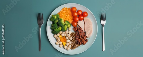 Conceptual image of a diabetes plate divided into proper portions of proteins, carbs, and fats
