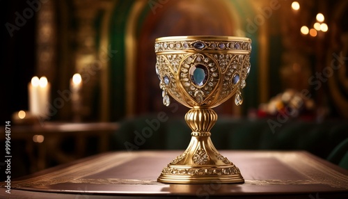 A golden goblet encrusted with jewels, placed on a regal dining table, royal luxury wealth photo