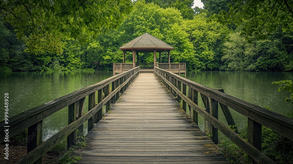A serene wooden pier leads to a gazebo surrounded by lush greenery and calm water. A serene wooden pier leads to a gazebo surrounded by lush greenery and calm water.