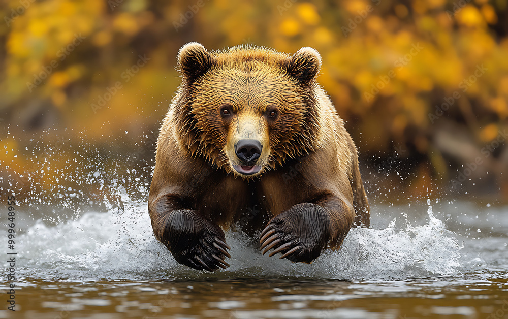 Obraz premium Raging Grizzly Bear: Intense Water Sprint Towards Camera