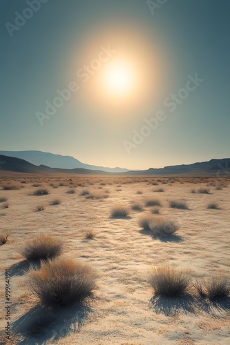 Serene desert landscape with sand dunes, sparse vegetation and shadows with an open sky. Perfect for text inserts. Ideal for ads, posters or banners to create a sense of solitude and stillness. photo