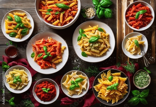 Wallpaper Mural vibrant flat lay display colorful italian pasta dishes featuring varied array shapes rich sauces rustic wooden table, colors, dente, preparation, vegetables Torontodigital.ca