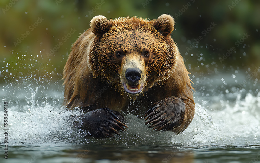 Raging Grizzly Bear: Intense Water Sprint Towards Camera