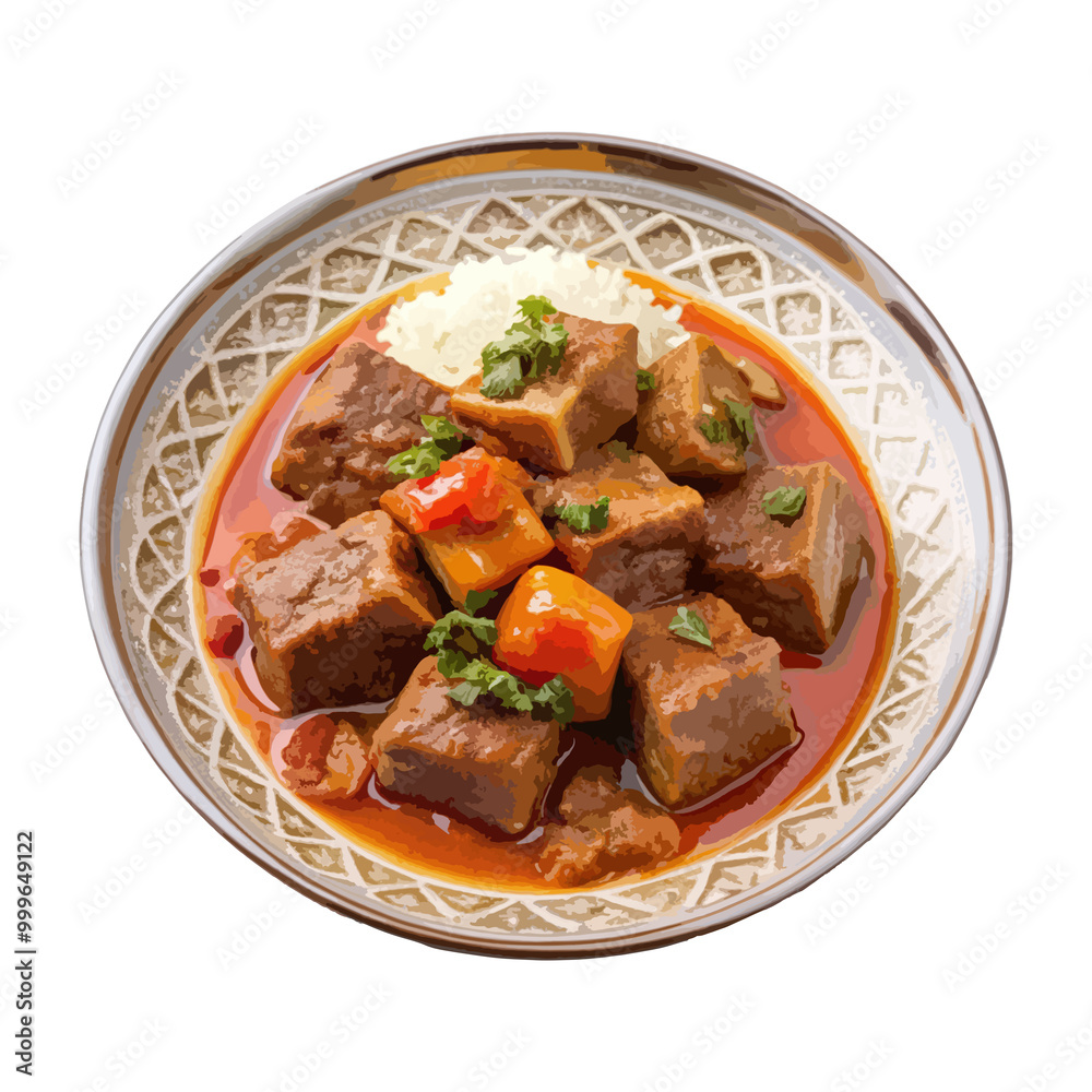 Front view of Hunkar Begendi with Turkish Sultan's Delight, featuring lamb stew, isolated on a white transparent background Front view of Hunkar Begendi with Turkish Sultan's Delight, featuring lamb stew, isolated on a white transparent background