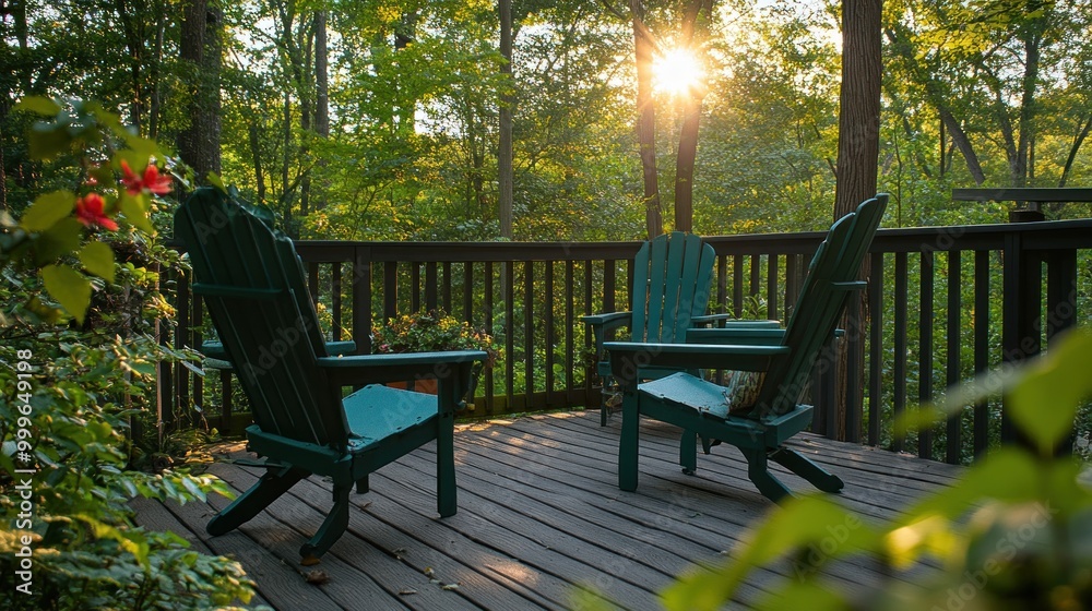 A serene outdoor deck with two chairs surrounded by lush greenery and sunlight. A serene outdoor deck with two chairs surrounded by lush greenery and sunlight.