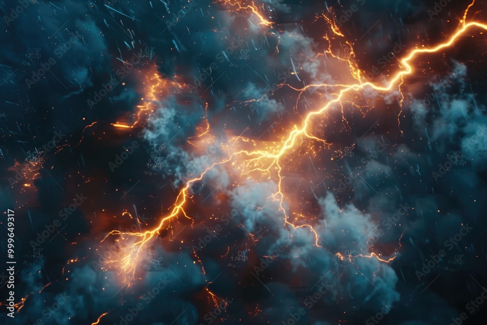 A single lightning bolt illuminates the dark blue sky, with clouds visible in the background A single lightning bolt illuminates the dark blue sky, with clouds visible in the background