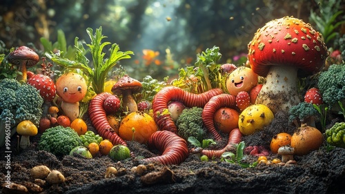 Playful vegetables and mushrooms in a magical garden scene photo