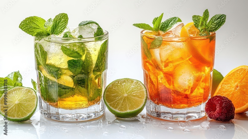 caipirinha and mojito cocktails displayed on a clean white background showcasing vibrant colors and refreshing textures ideal for summer and festive occasions
