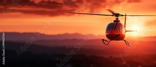 A helicopter flying in the warm hues of a sunset, showcasing a stunning landscape below. photo