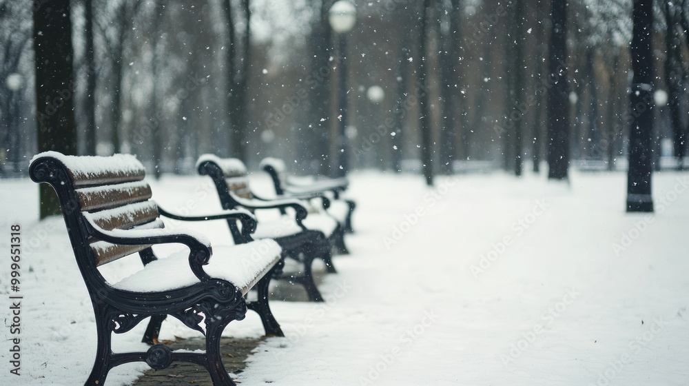 A tranquil winter scene with snow-covered benches in a park. A tranquil winter scene with snow-covered benches in a park.