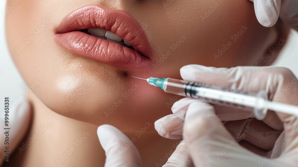 A beautiful model with flawless skin receiving lip filler injections from a doctor