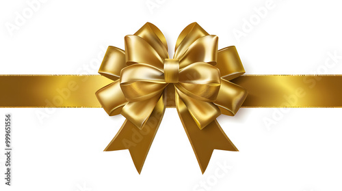 Golden bow and ribbon realistic illustration for Christmas and birthday decorations isolated on white background