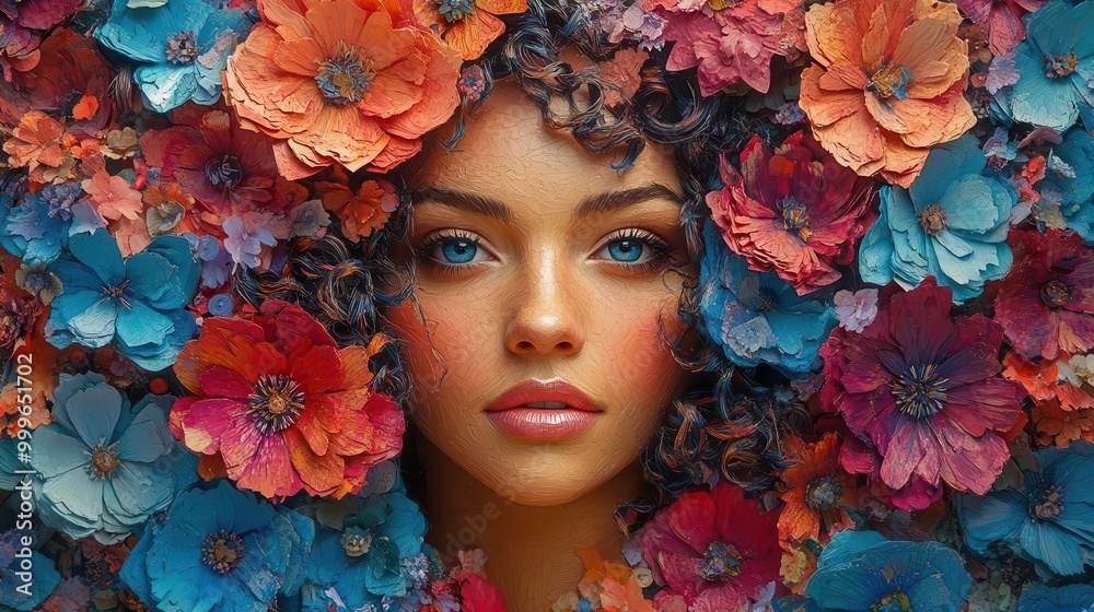 captivating portrait of a woman surrounded by an explosion of colorful flowers blending realism and abstract elements in a trendy paper collage style that radiates vibrancy and joy captivating portrait of a woman surrounded by an explosion of colorful flowers blending realism and abstract elements in a trendy paper collage style that radiates vibrancy and joy