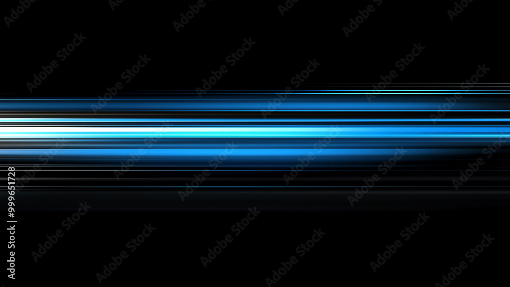 Blue light streaks on a black background with glowing horizontal lines in a high speed motion blur effect. 