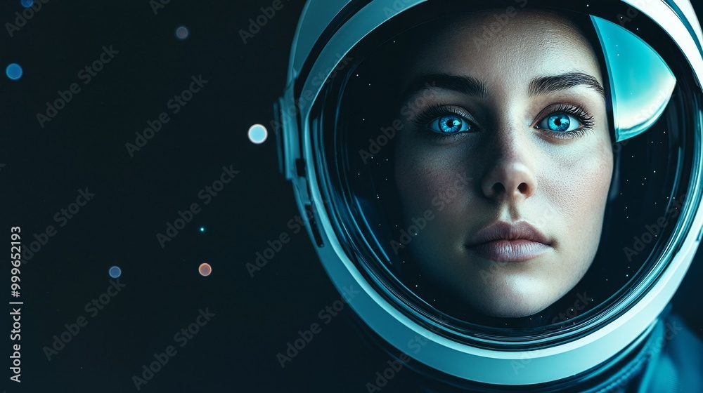 Portrait of a female astronaut in space suit gazing into the cosmos. Portrait of a female astronaut in space suit gazing into the cosmos.