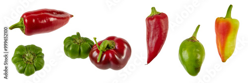 set collection of many different parika chilis in red yellow and green, isolated on white or transparent png photo