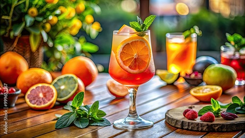 Enjoy a refreshing Memosa cocktail adorned with bright citrus garnishes, elegantly presented on a stylish outdoor table setting, ideal for vibrant summer gatherings.