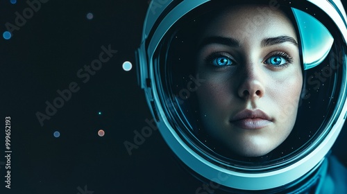 Portrait of a female astronaut in space suit gazing into the cosmos. photo