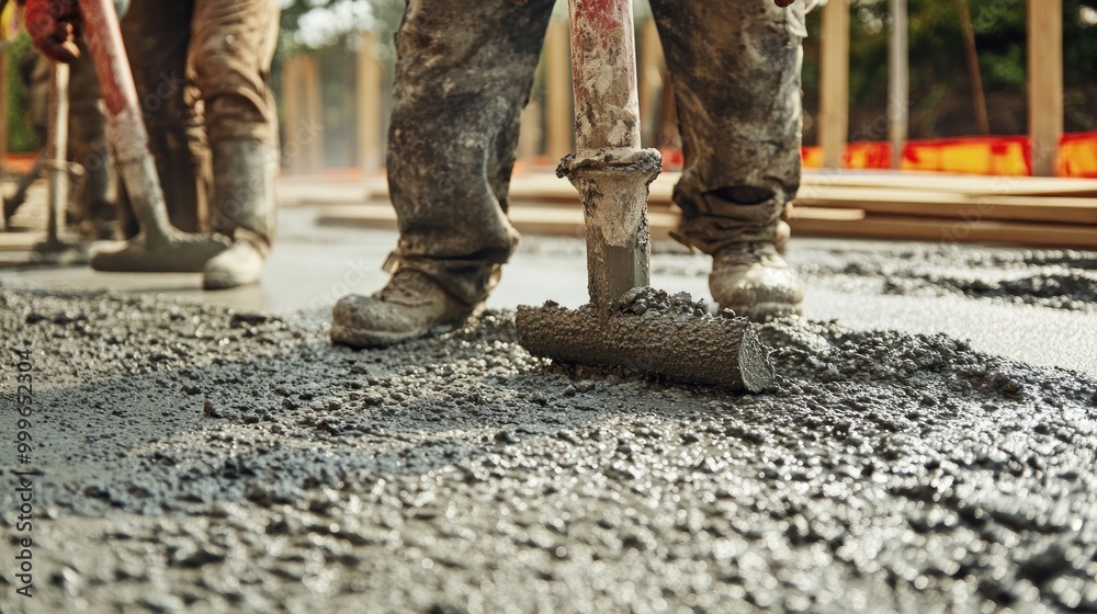 Workers applying concrete with rollers on a construction site. Workers applying concrete with rollers on a construction site.
