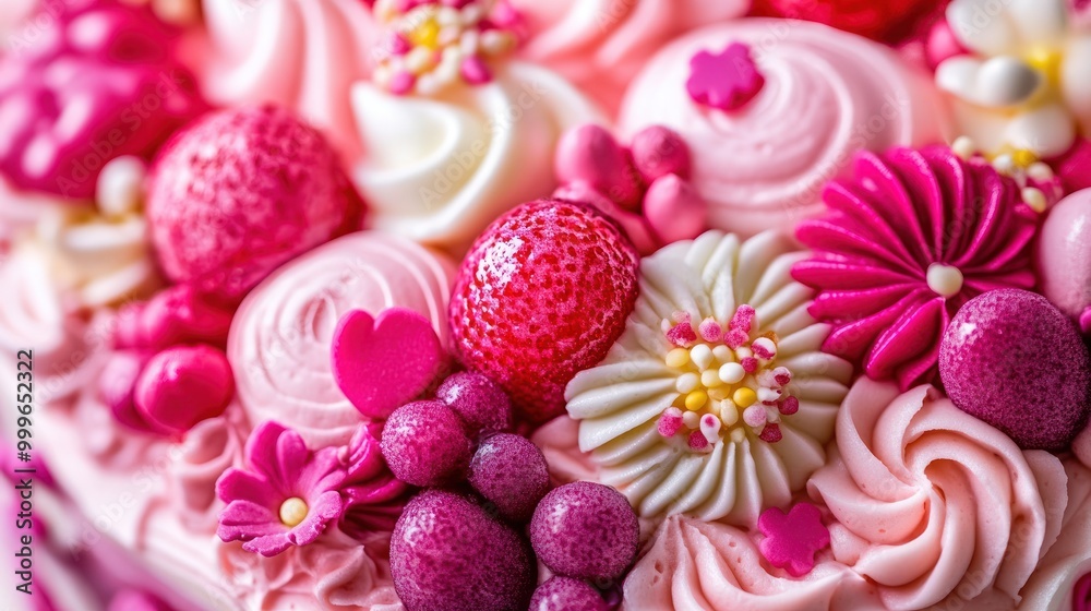 A beautifully decorated pink cake adorned with flowers, strawberries, and colorful sprinkles. A beautifully decorated pink cake adorned with flowers, strawberries, and colorful sprinkles.