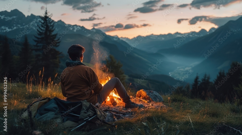 Fototapeta premium Man Enjoys Campfire with Mountain View