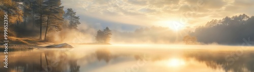 Misty sunrise over a tranquil lake, golden light illuminates the forest and water.